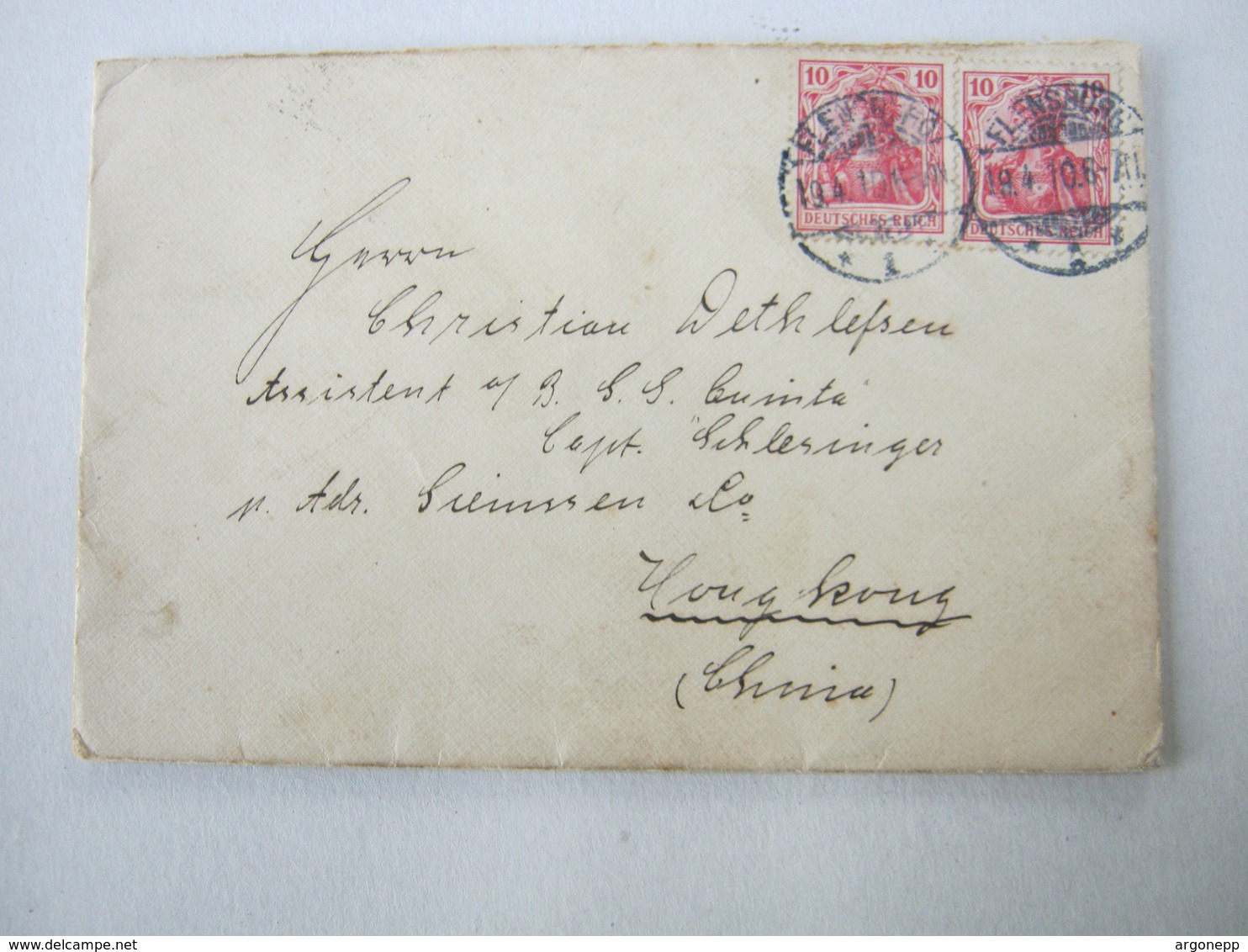 1910 , FLENSBURG,, Klarer Stempel Auf Brief Nach Hongkong, Ankunftstempel - Briefe U. Dokumente
