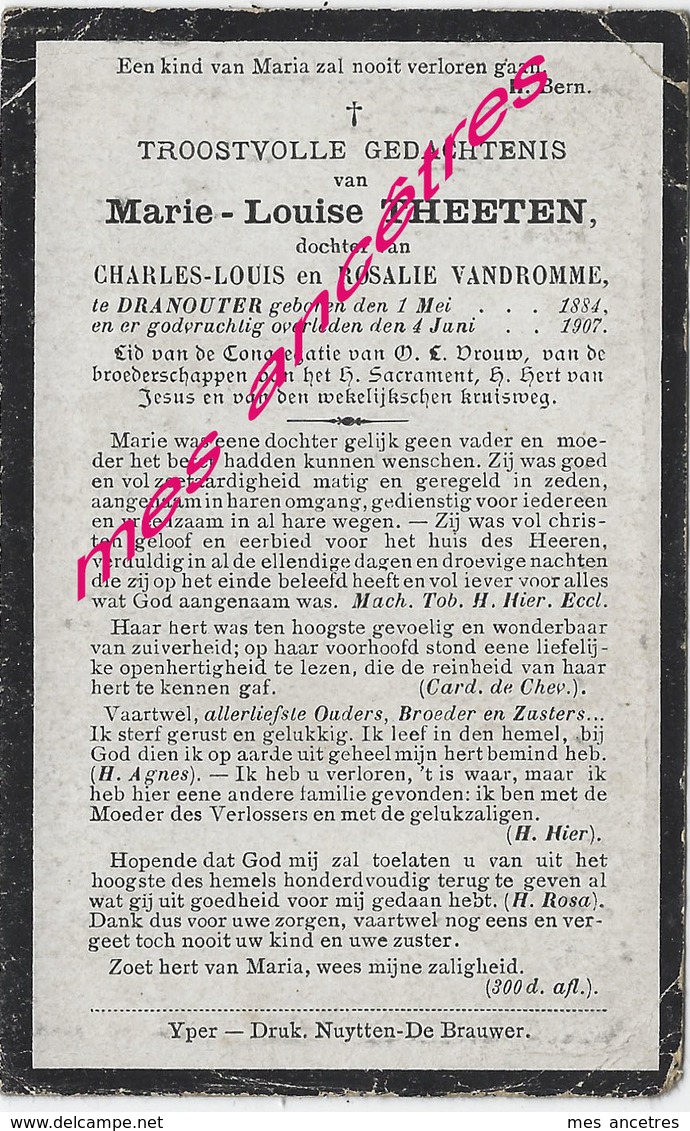 En 1907 Dranouter (B) Marie-Louise THEETEN Fille De Charles Et Rosalie VANDROMME - Décès