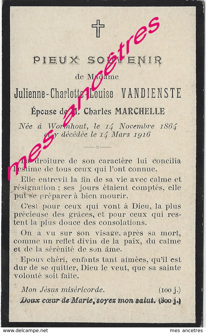 En 1916 Wormhout (59) Julienne VANDIENSTE Ep Charles MARCHELLE Née 1864 - Décès