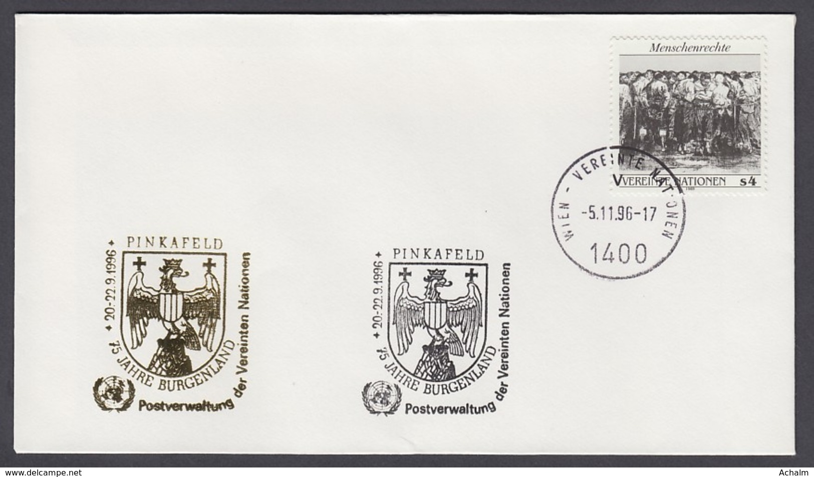 UNO Wien-UN Vienna - Beleg 1996 - MiNr. 96 - Gold-Sonderstempel - 75 Jahre Burgenland, Pinkafeld - UNO