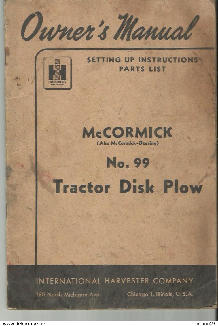 OWNER 'S MANUAL  Mc CORMICK  N O 99 TRACTOR DISK PLOW 48 PAGES - Traktoren