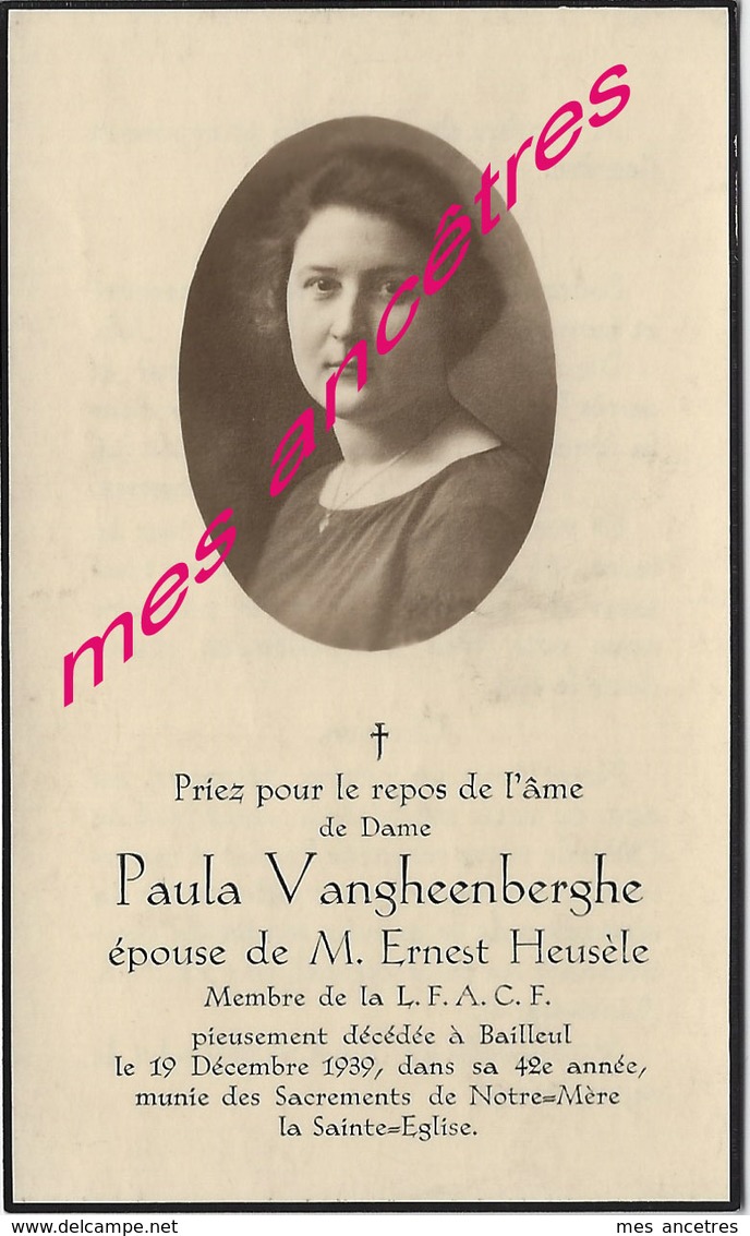 En 1939 Bailleul (59) Paula VANGHEENBERGHE Ep Ernest HEUSELE Membre De L.F.A.C.F - Décès