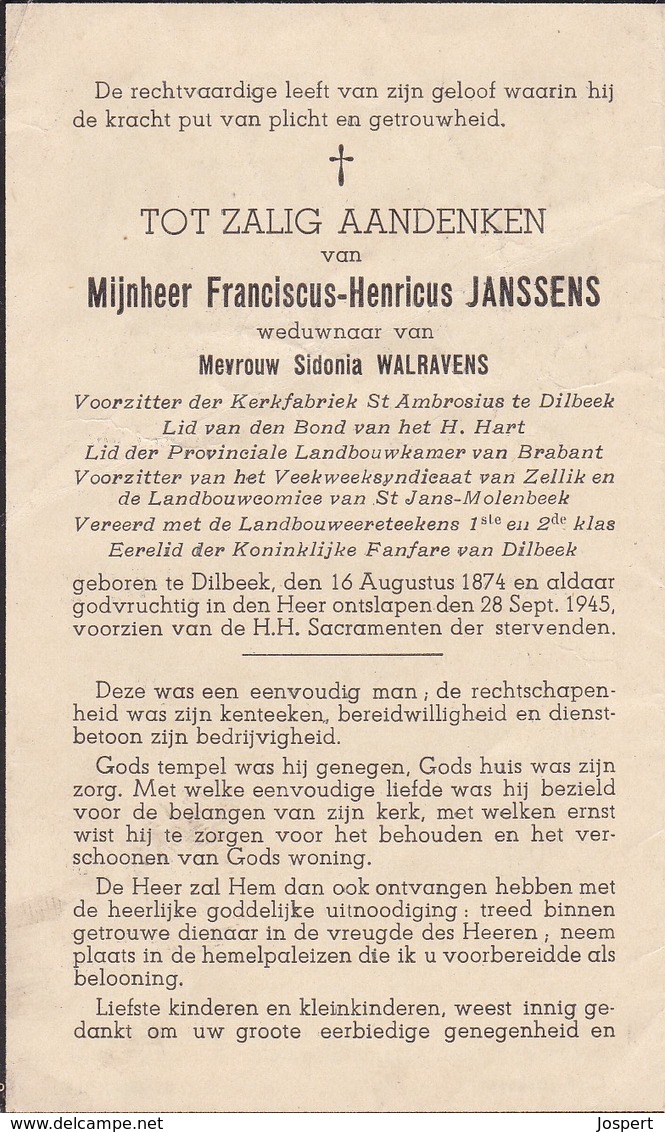 Dilbeek, 1945, Franciscus Janssens, Walraevens - Images Religieuses