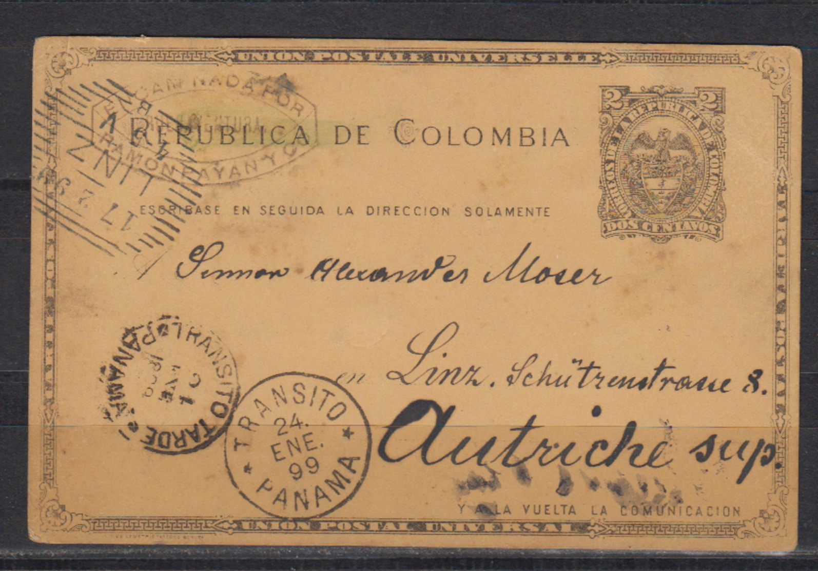 Kolumbien Ganzsache Ascher P 8 Mit 2x Transit-o " Transito 24.ENE.99 Panama" Und " Transito Tarde Panama" Nach Linz - Colombia