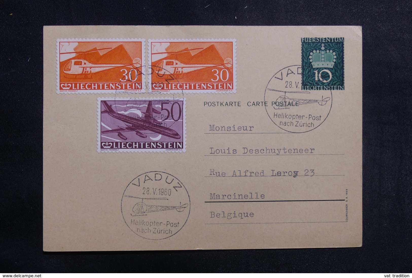LIECHTENSTEIN - Entier Postal + Compléments Par Hélicoptère En 1960 , Affranchissement Et Cachets Plaisants - L 39879 - Briefe U. Dokumente