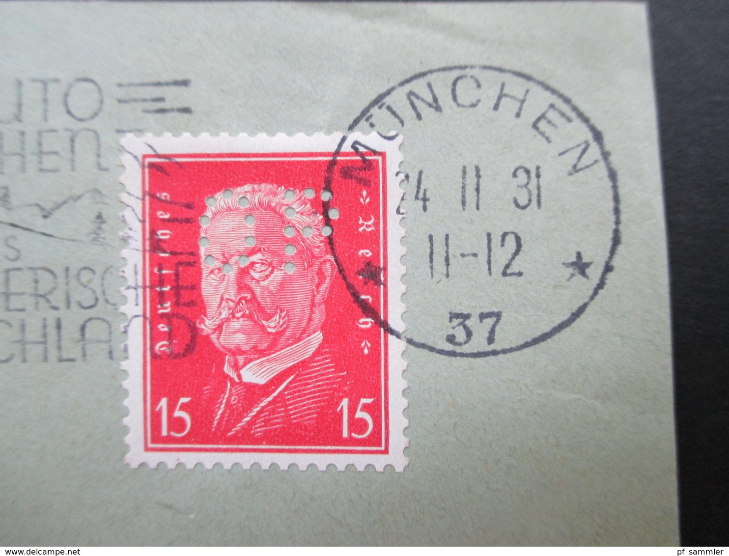 DR 1931 und 38 Briefstücke Marken mit Perfin / Firmenlochung 1x WS und 2x OP Maschinenstempel Stuttgart / München