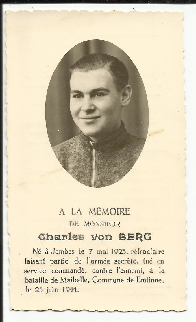 DP - Mortuaire Charles Von Berg Jambes 1923 - Membre De L'armée Secrète Tué En Sv Commandé à Maibelle Cne Emtinne 1944 - Religion & Esotérisme