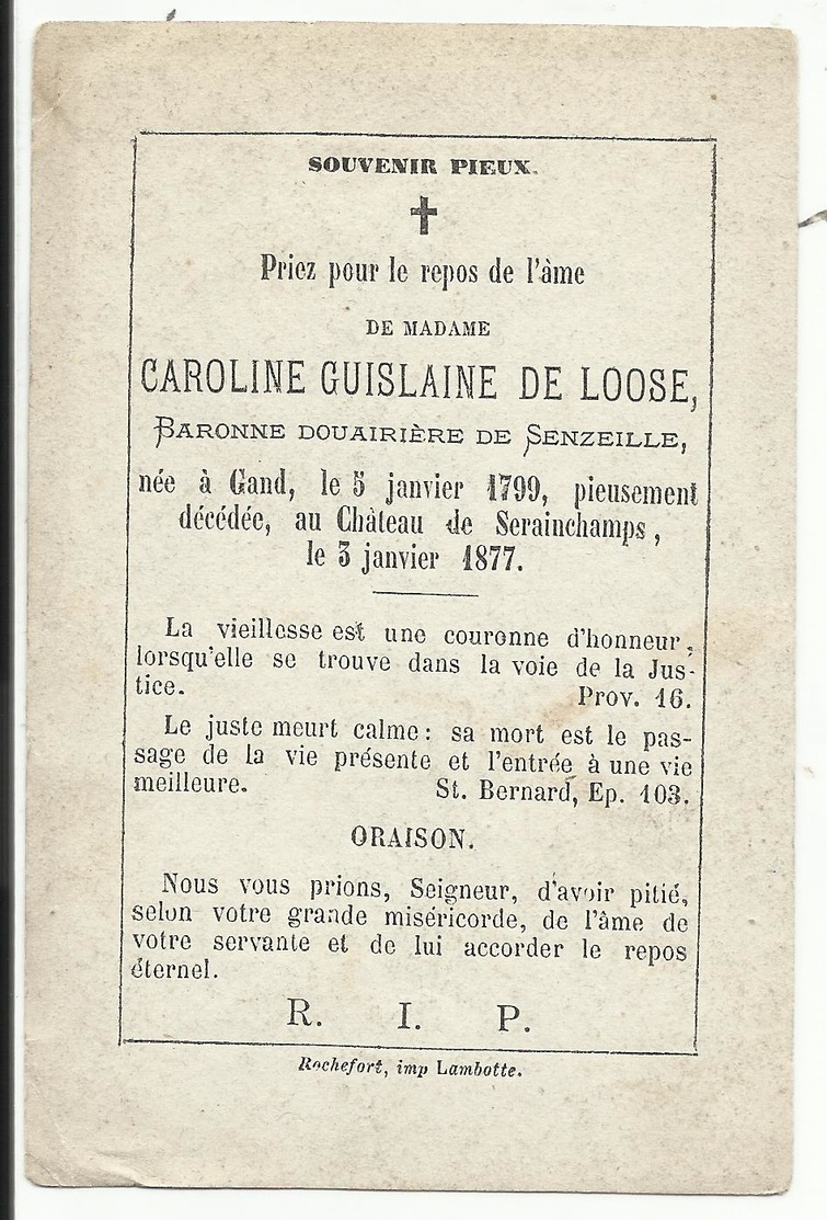 DP - Mortuaire Caroline Guislaine De Loose, Baronne Douairière De Senzeilles, GAND 1799 Serinchamps 1877 - Religion & Esotérisme