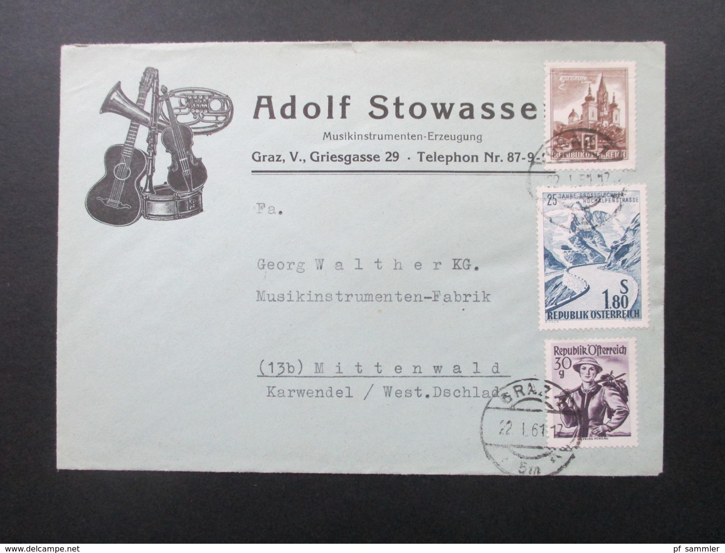 Österreich 1961 Schöner Firmenumschlag Adolf Stowasser Musikinstrumenten Erzeugung Graz. Thematik Musik / Instrumente - Briefe U. Dokumente