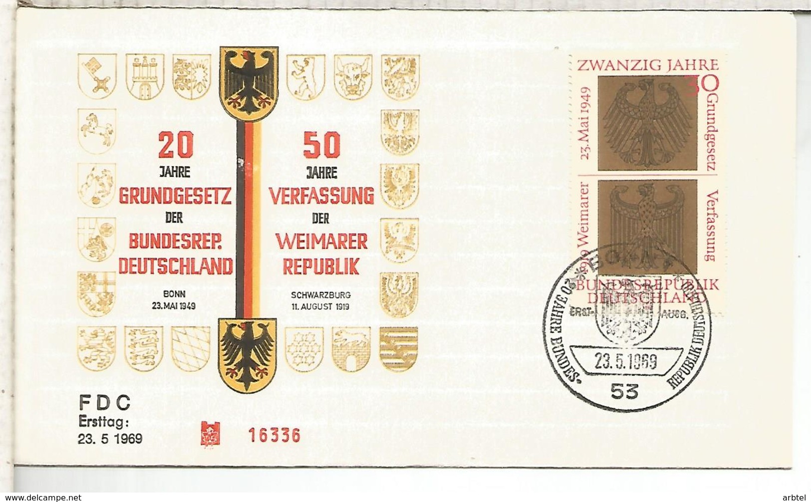 ALEMANIA FDC 1969 REPUBLICA FEDERAL Y REPUBLICA DE WEIMAR ESCUDOS - Sobres