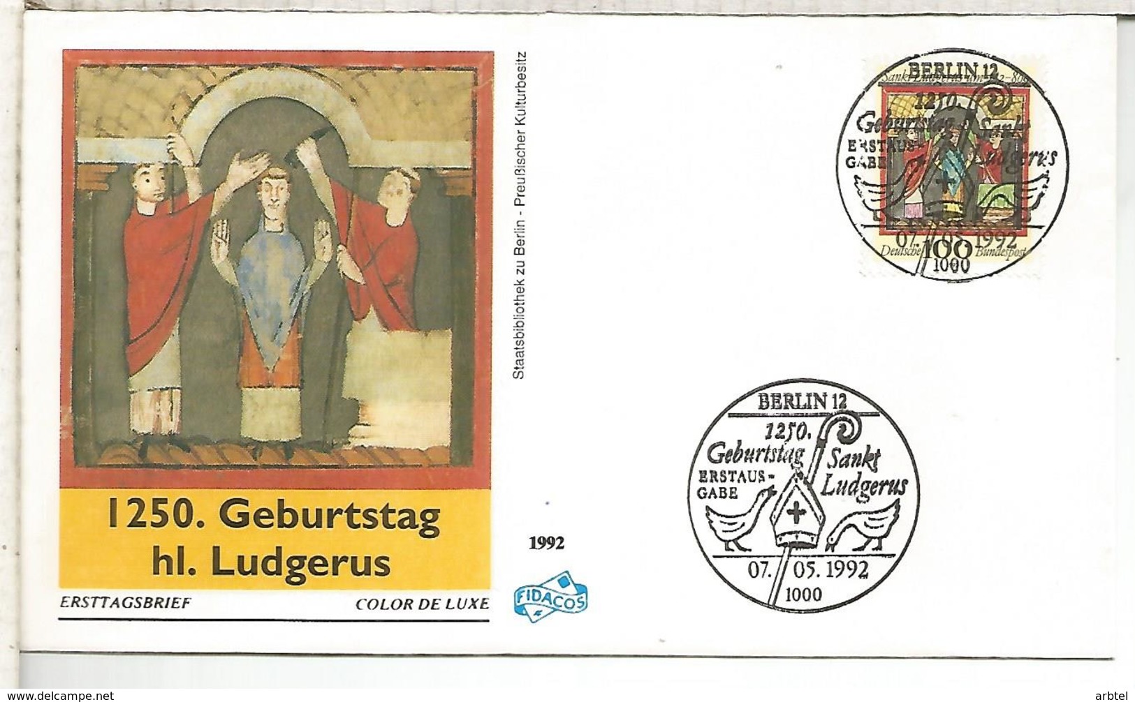 ALEMANIA FDC 1992 1250 ANIVERSARIO LUDGERUS RELIGION - Cristianismo