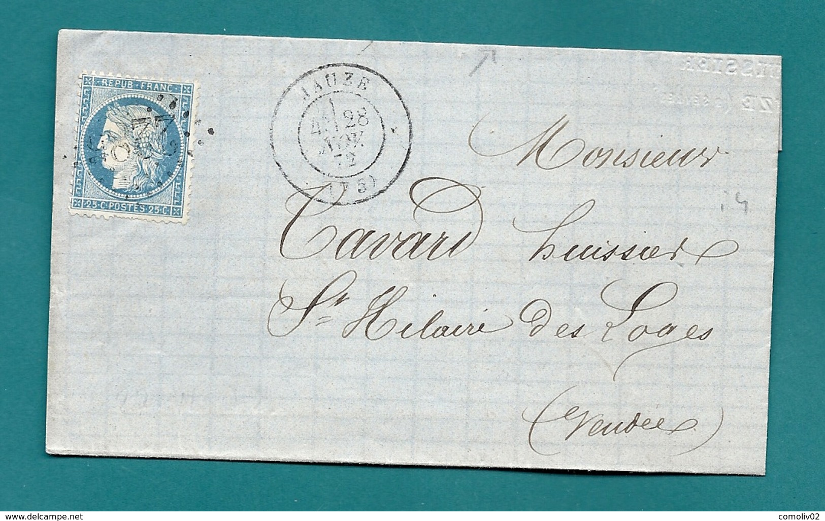 Deux Sèvres - Mauzé Pour St Hilaire Des Loges. GC + CàD Type 17. 1875. Bureau De Passe De Niort - 1801-1848: Vorläufer XIX