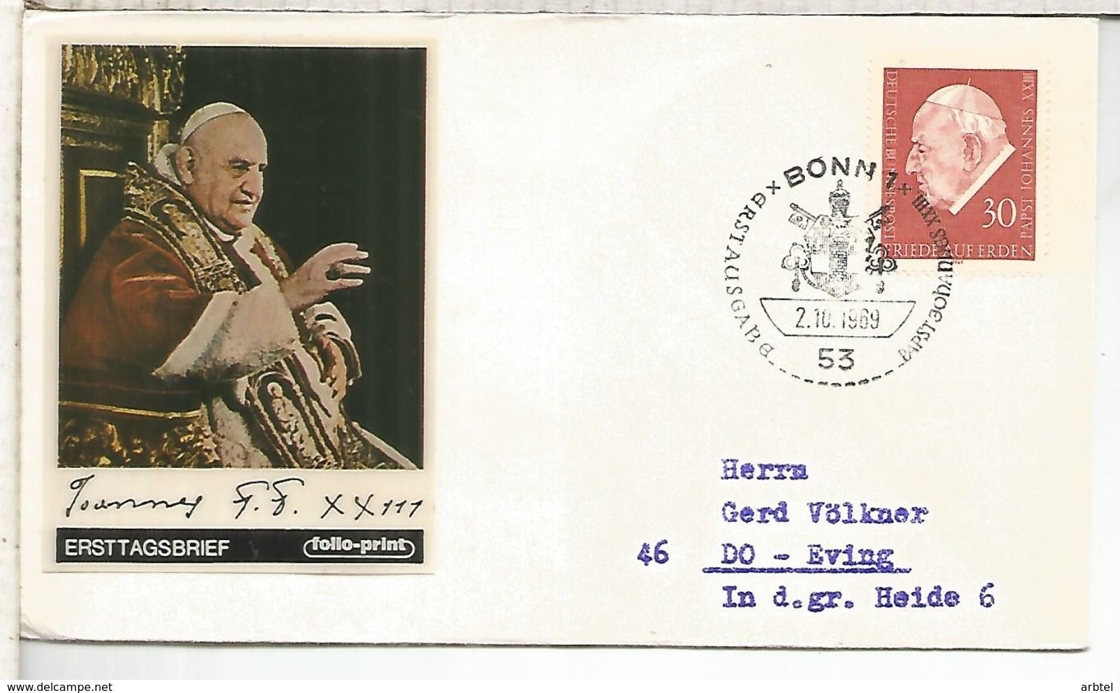 ALEMANIA FDC 1969 RELIGION PAPA JUAN XXIII - Papas