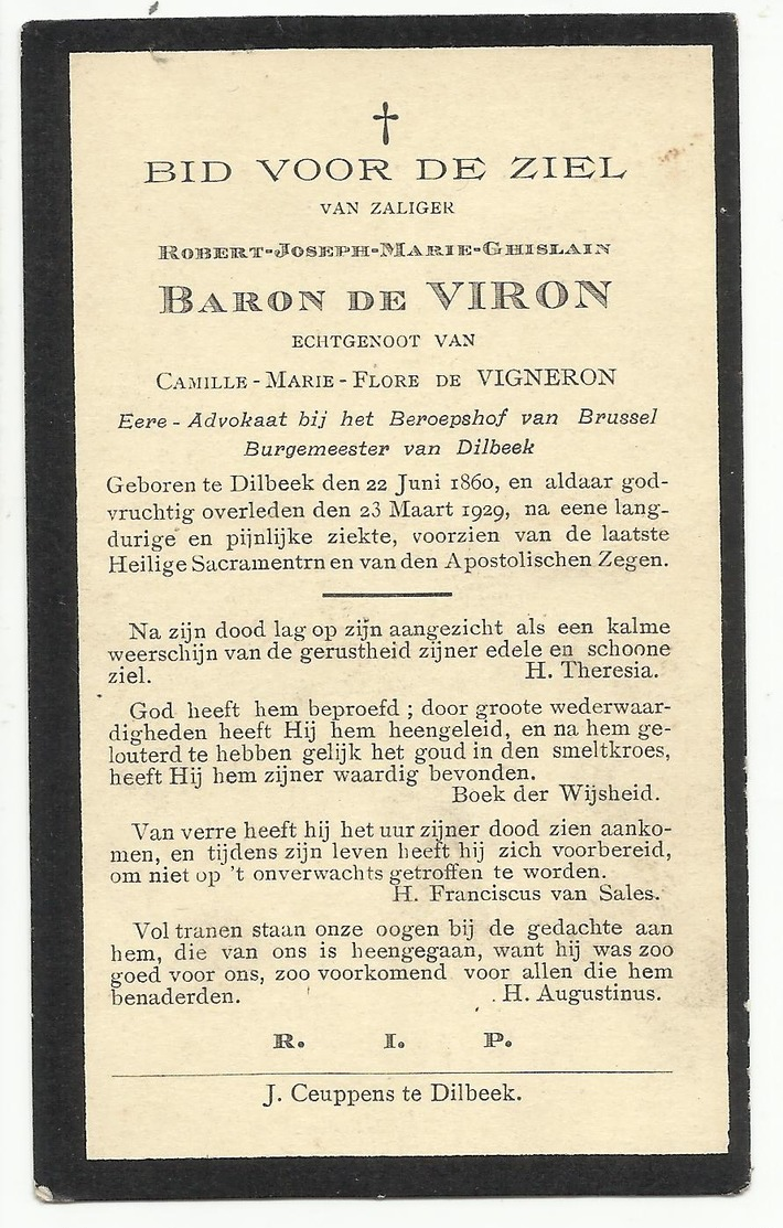 DP - Mortuaire Robert-Joseph-Marie-Ghislain Baron De VIRON - Dilbeek 1860 - 1929 - Religion & Esotérisme