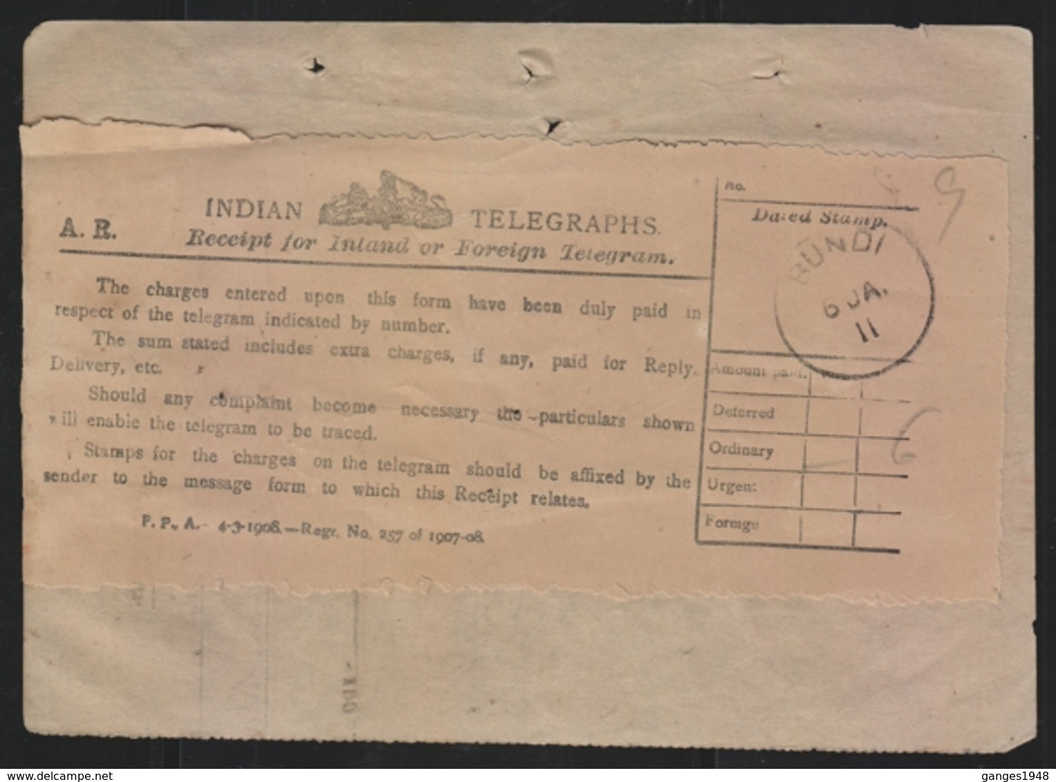 Bundi  1911  Indian Telegraph  Booking Receipts #  21187  D Inde India - Bundi