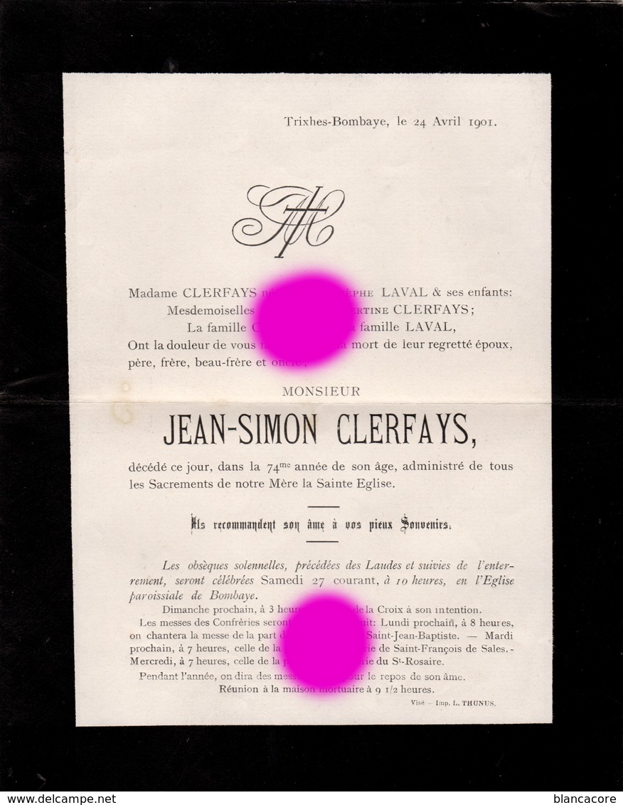 Trixhes BOMBAYE 1901 Mr Jean Simon CLERFAYS LAVAL  Généalogie / Imprimé Chez Thunus à Visé - Décès