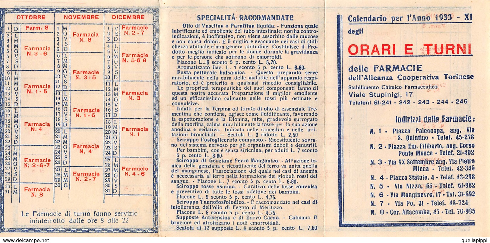 09426 "TORINO - CALENDARIO 1933 - ORARI E TURNI DELLE FARMACIE DELL'ALLEANZA COOPERATIVA TORINESE" - Formato Piccolo : 1921-40