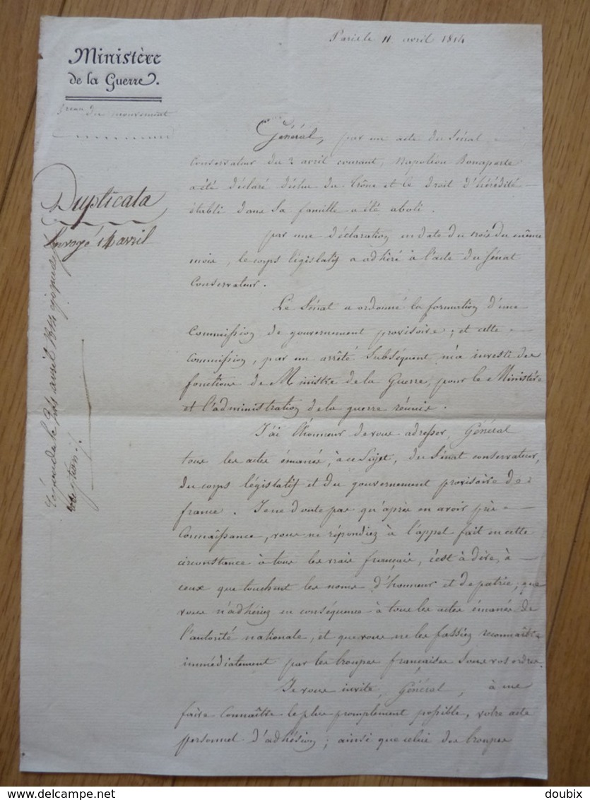 General DUPONT De L'ETANG (1814) Abdication NAPOLEON BONAPARTE. Autographe - Other & Unclassified