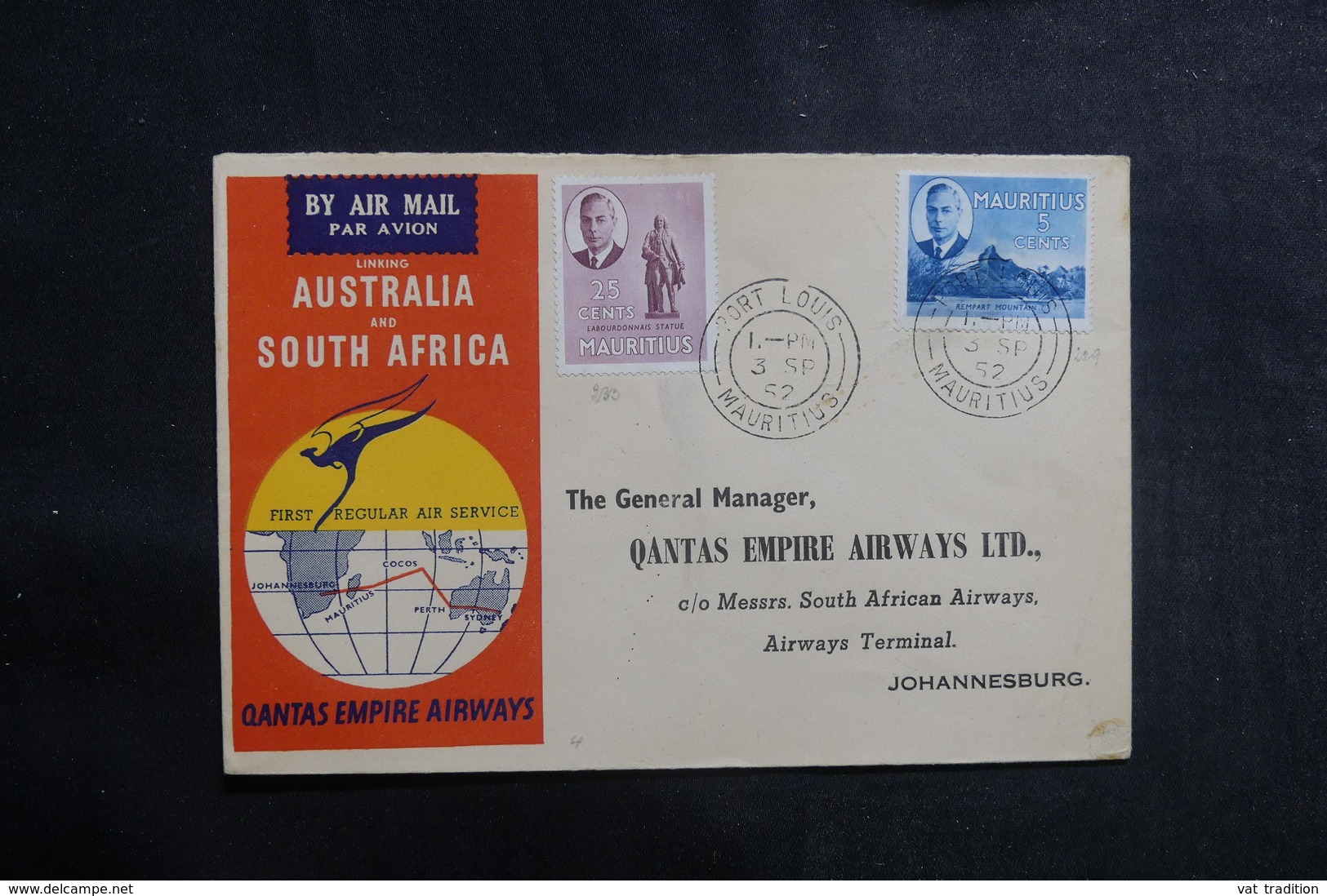 MAURICE  - Enveloppe De Port Louis Pour Johannesburg Par 1er Vol  En 1952, Affranchissement Plaisant - L 39947 - Maurice (...-1967)