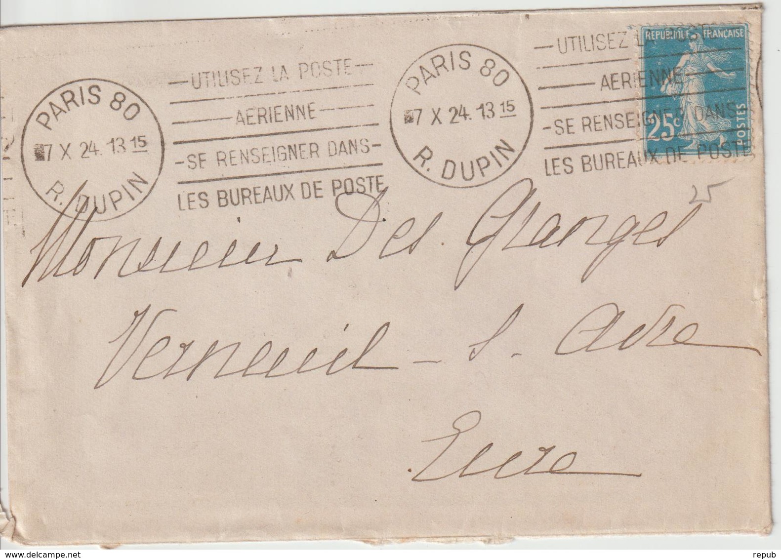 Lettre 1924 De Paris 80 Pour Verneuil Sur Avre Oblit. Krag - 1921-1960: Modern Tijdperk