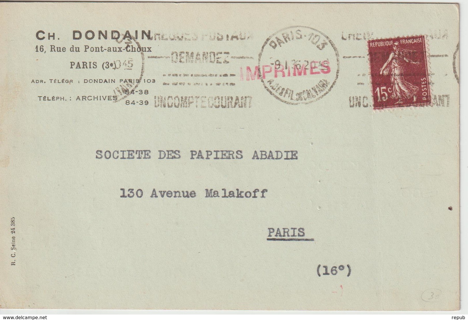 Carte Commerciale 1936 De Paris 103 Pour Paris Oblit. Krag - 1921-1960: Modern Tijdperk