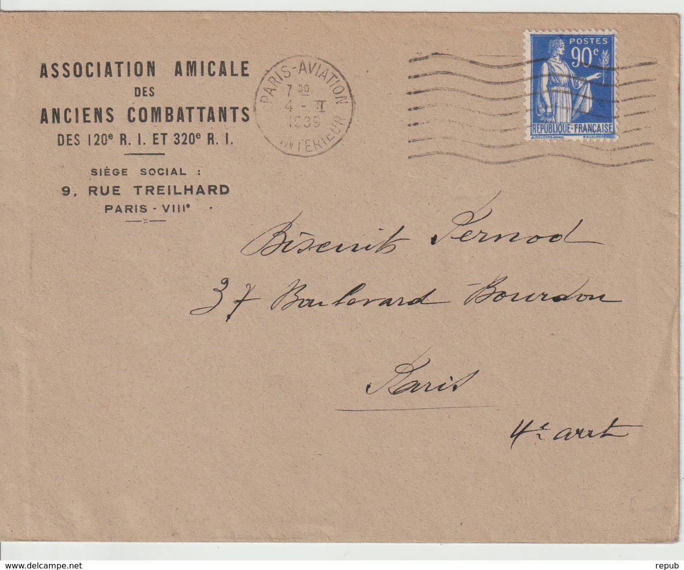 Lettre 1939 De Paris Aviation Pour Paris Oblit. Frankers - 1921-1960: Periodo Moderno