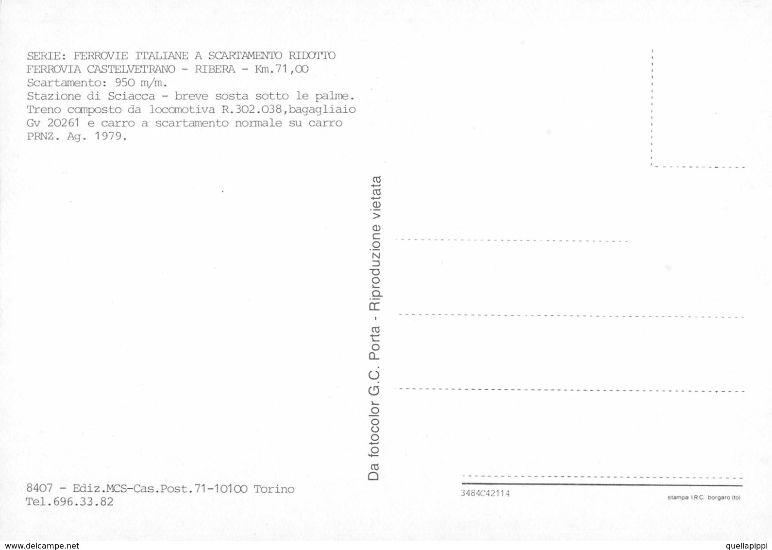 09435 "FERROVIA CASTELVETRANO/RIBERA - STAZIONE DI SCIACCA - LOCOMOTRICE R-302.038 - 1979" CART NON SPD - Treni