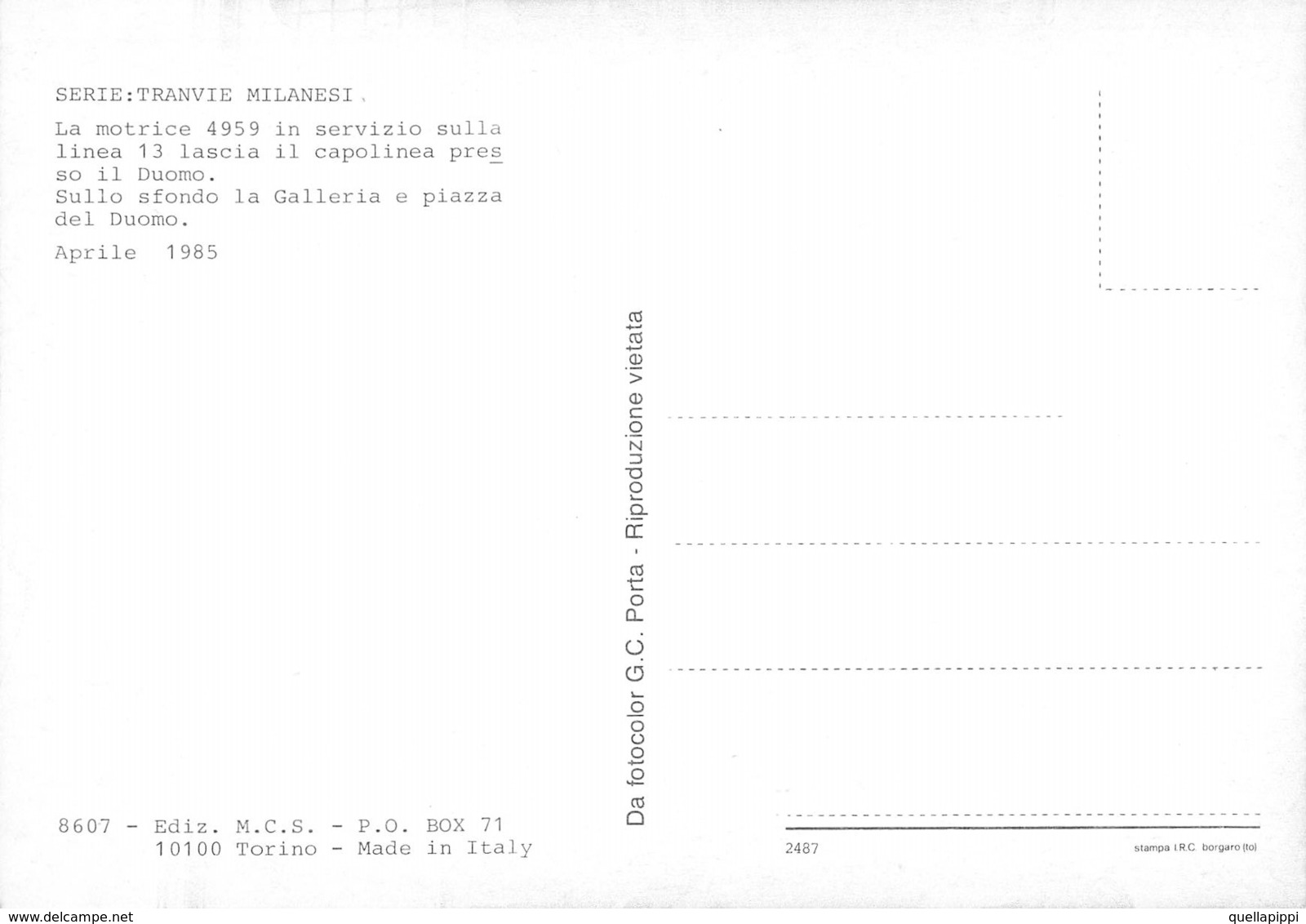 09438 "MILANO - TRANVIE MILANESI - LINEA 13 - MOTRICE 4959 - 1985"  ANIMATA. CART NON SPD - Strassenbahnen