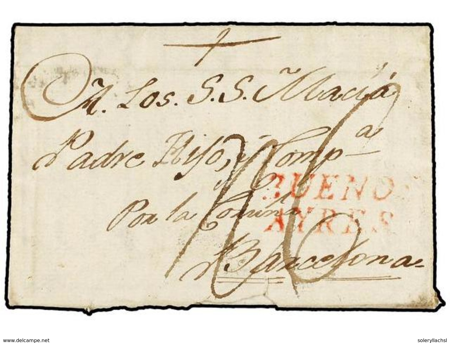 ARGENTINA. 1792 (30 Agosto). BUENOS AIRES A BARCELONA. Carta Completa, Marca BUENOS/AYRES En Rojo. Rara Circulación Tran - Other & Unclassified