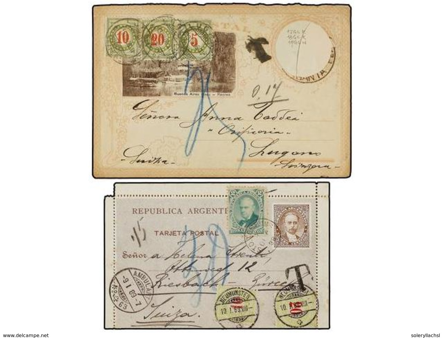 ARGENTINA. 1889-90. Dos Enteros Postales Tasados Con Sellos Suizos De 10 + 20 Cts. Y 5 + 10 + 20 Cts. - Sonstige & Ohne Zuordnung