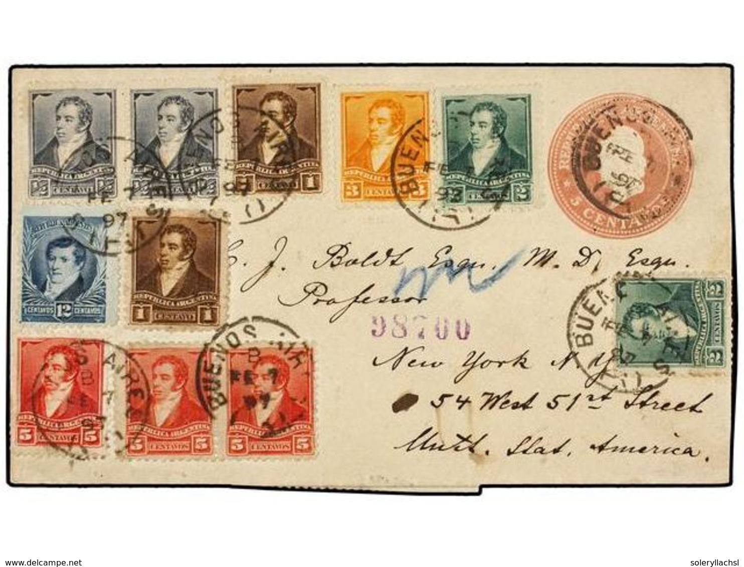 ARGENTINA. 1897. BUENOS AIRES A U.S.A. Entero Postal De 5 Ctvos. Rosa Con Franqueo Adicional De 1/2 Ctvo. (2), 1 Ctvo. ( - Autres & Non Classés