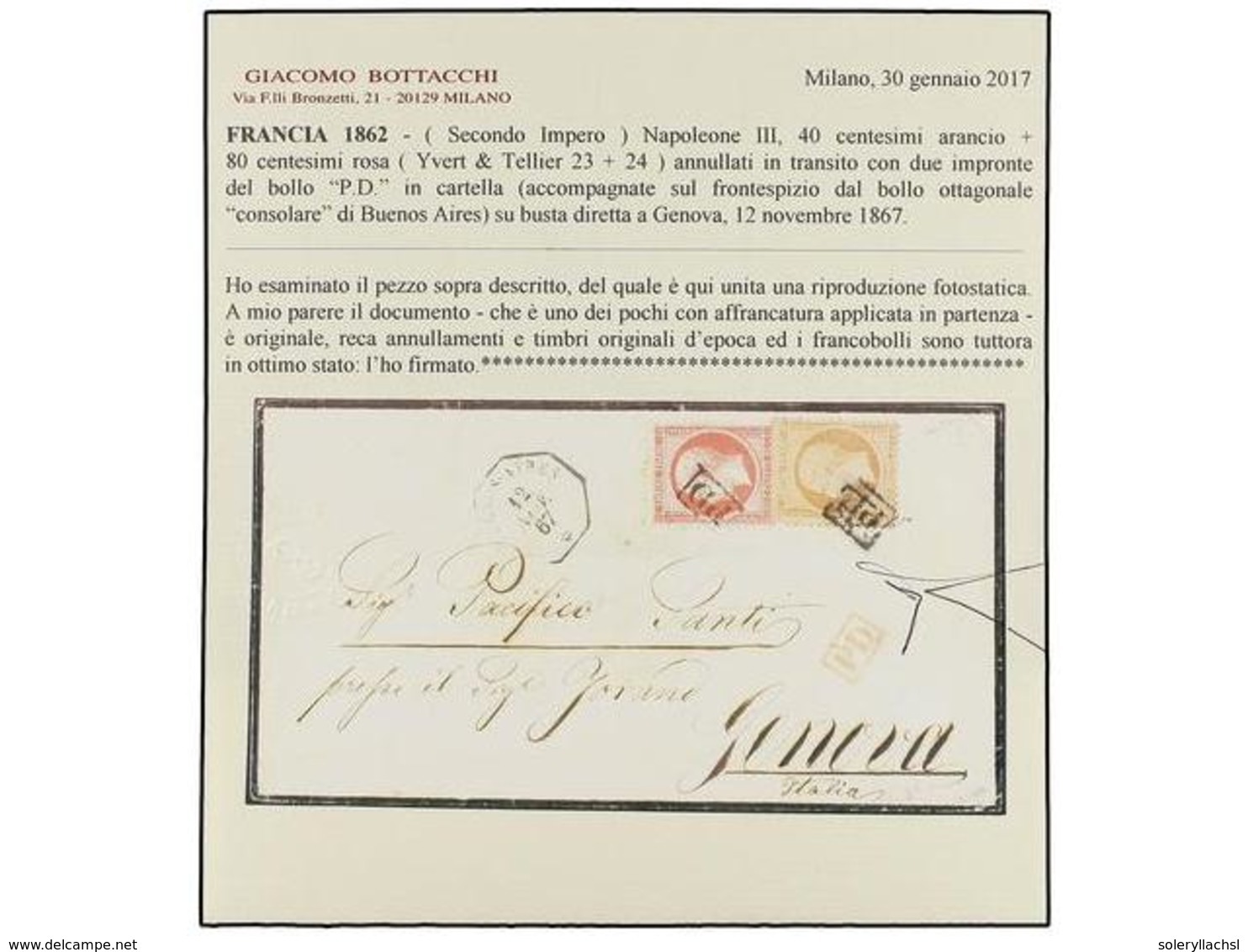 ARGENTINA. 1867. BUENOS AIRES A GÉNOVA. Circulada Con Sellos Franceses De 40 Cts. Naranja Y 80 Cts. Rojo, Mat. P.D.  En  - Other & Unclassified