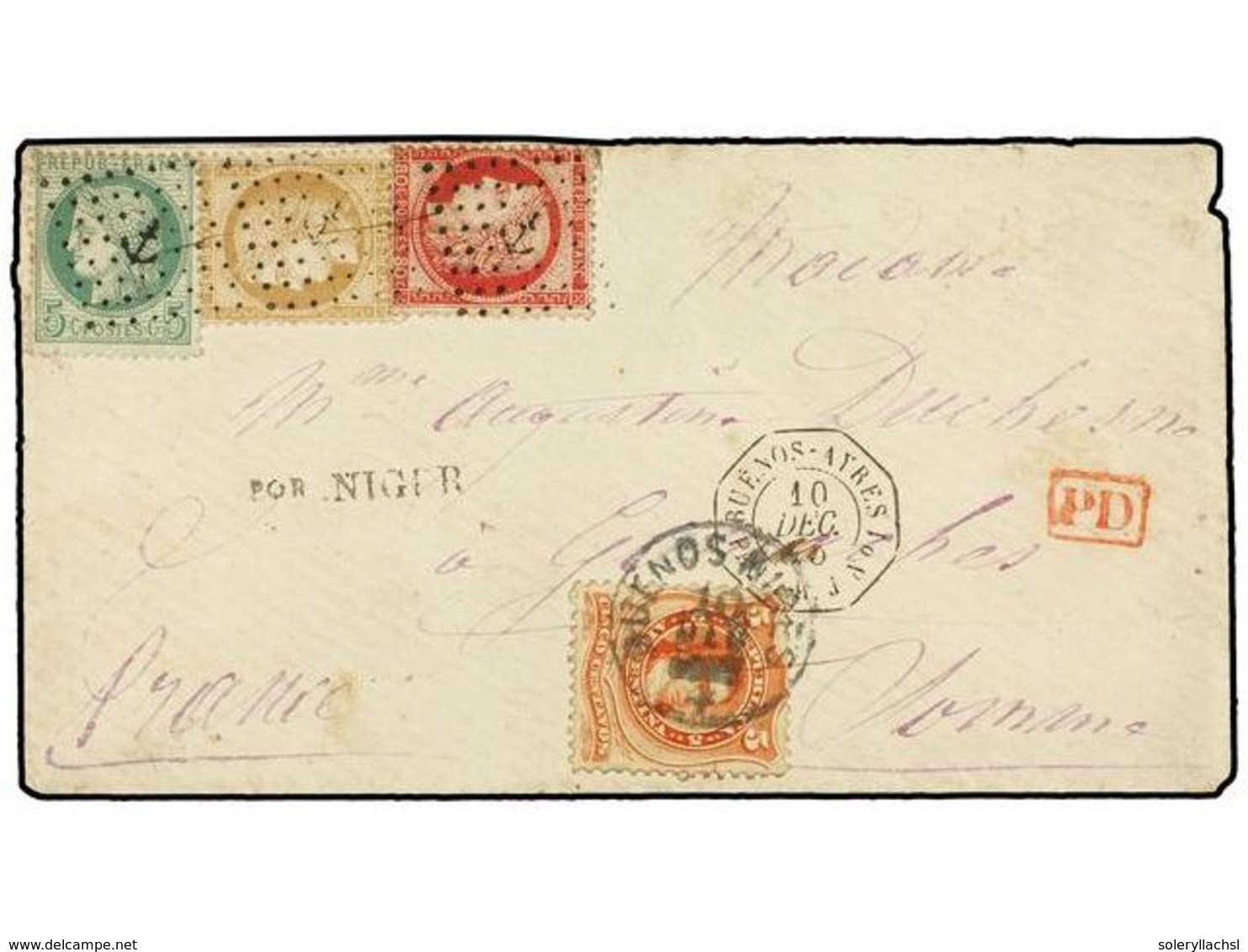 ARGENTINA. 1875. BUENOS AIRES A FRANCIA. Circulada Con Sello De 5 Cts. Rojo De Argentina Y Sellos Franceses De 5 Cts. Ve - Otros & Sin Clasificación