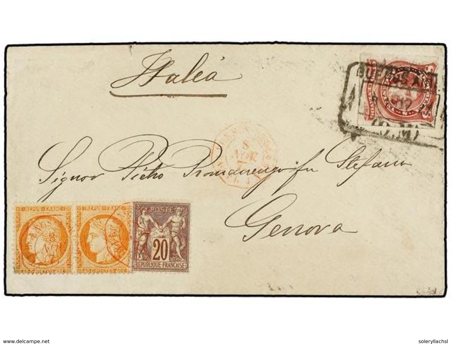 ARGENTINA. 1872. BUENOS AIRES A GÉNOVA (Italia). 8 Cts. Carmín Lila Y Sellos Franceses De 20 Cts. Castaño Lila Y 40 Cts. - Otros & Sin Clasificación