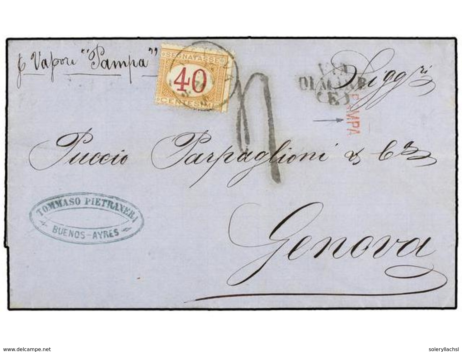 ARGENTINA. 1870 (17-2). BUENOS AIRES A GÉNOVA. Carta Circulada Por La Compañía ITALO-PLATENSE En El Vapor "Pampa". Marca - Autres & Non Classés