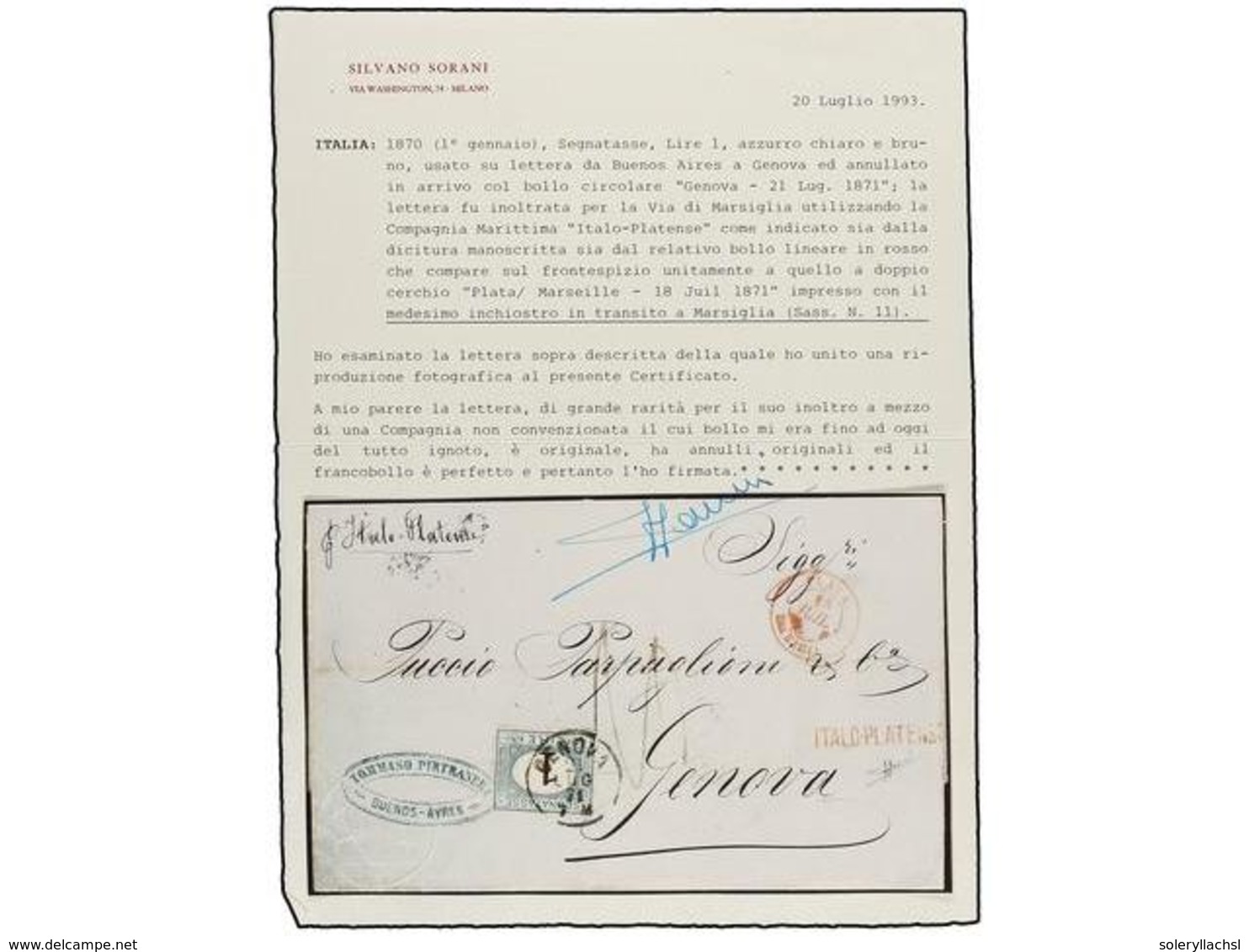 ARGENTINA. 1871 (9-1). BUENOS AIRES A GÉNOVA. Carta Circulada Por La Compañía ITALO-PLATENSE En El Vapor "Italo-Platense - Other & Unclassified