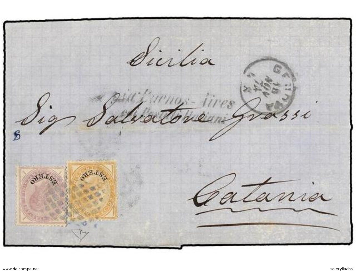 ARGENTINA. 1874. GÉNOVA A CATANIA. 10 Cts. Castaño Y 60 Cts. Lila, Mat. RECTÁNGULO DE ROMBOS EN AZUL Y Marca DA BUENOS A - Autres & Non Classés