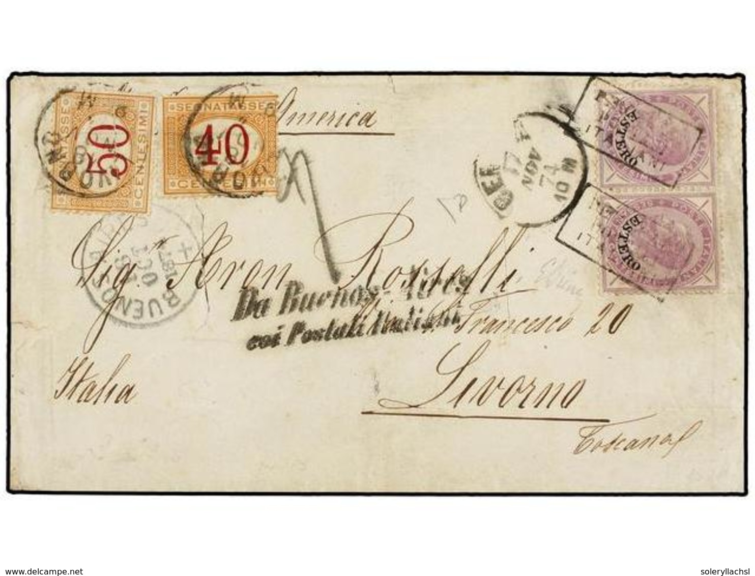 ARGENTINA. 1874. BUENOS AIRES A LIVORNO. Circulada Con Dos Sellos Italianos Habilitados ESTERO, Sin Sello Argentino Ya Q - Autres & Non Classés