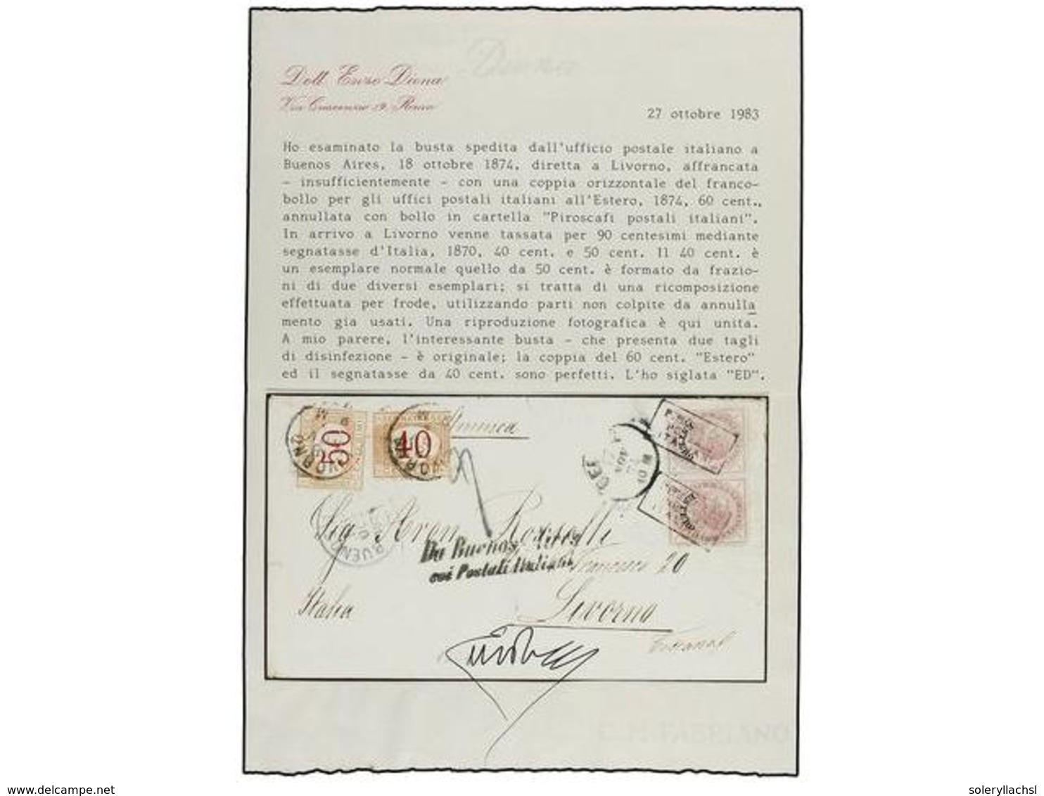 ARGENTINA. 1874. BUENOS AIRES A LIVORNO. Circulada Con Dos Sellos Italianos Habilitados ESTERO, Sin Sello Argentino Ya Q - Otros & Sin Clasificación