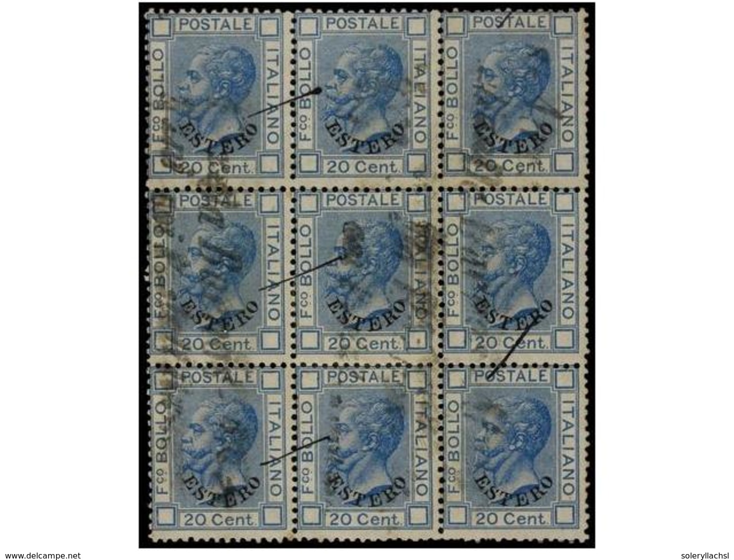 ° ITALIA. (1875 CA.). 20 Cts. Azul Habilitado ESTERO (Sa. 5). Bloque De Nueve Con Mat. DA BUENOS AIRES/COI POSTALI ITALI - Autres & Non Classés