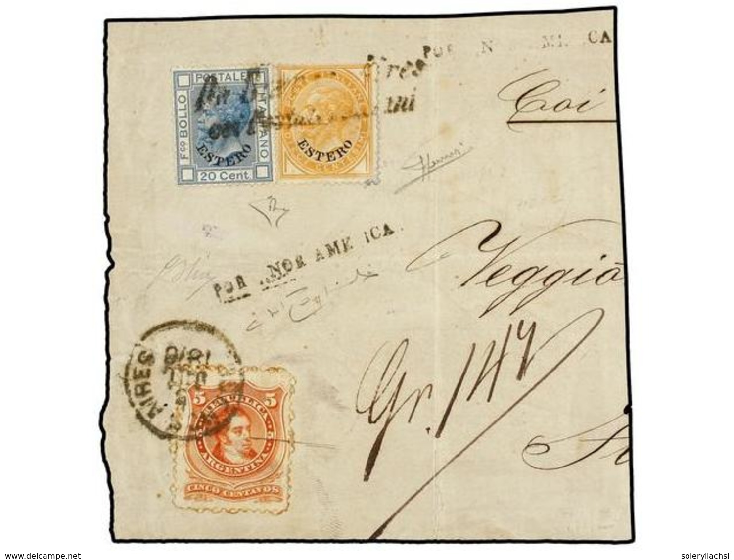 ARGENTINA. 1876. BUENOS AIRES A ITALIA. Fragmento De Carta Con Sello De Argentina De 5 Cts. Naranja Y Sellos Italianos H - Otros & Sin Clasificación