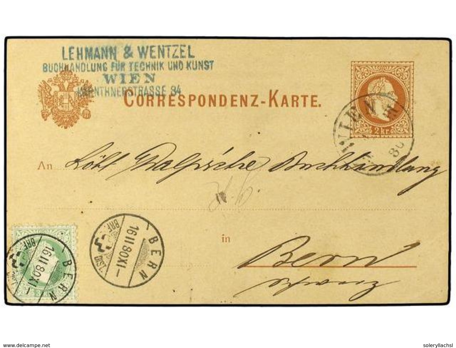 AUSTRIA. 1880. 2 Kr. Brown On Buff Stationery Card Used To BERN Franked Additionally With 1874-80 3 Kr. Green Tied On Ar - Other & Unclassified