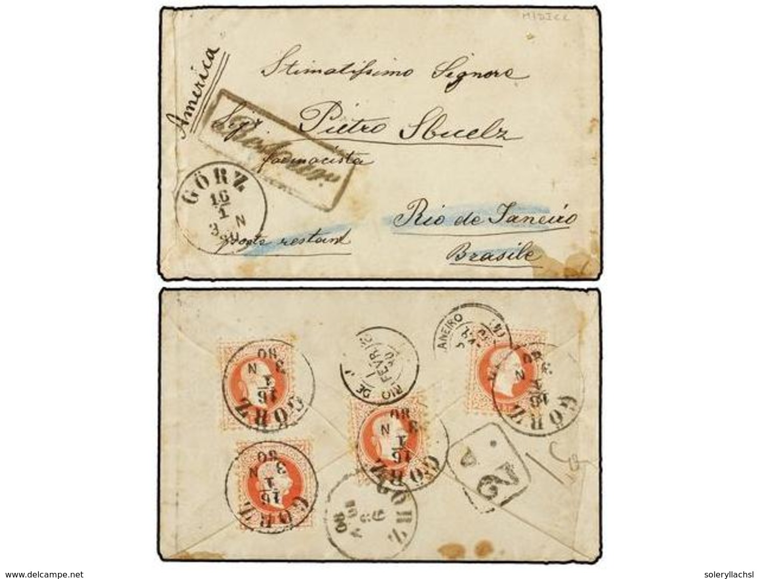 AUSTRIA. 1880 (Jan 16). Cover From Gorz To The Poste Restante At Rio De Janeiro With, On Reverse 1867-74 5kr. Red (4) Al - Autres & Non Classés