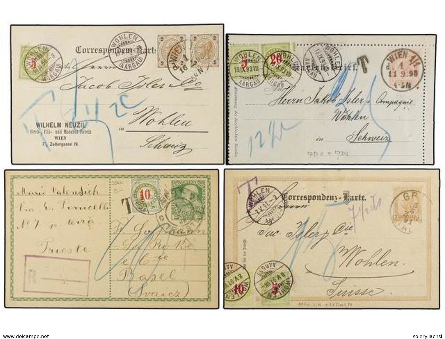 AUSTRIA. 1891-1909. Eight Postal Stationary Cards Taxed On Arrival With Swiss Stamps. - Sonstige & Ohne Zuordnung