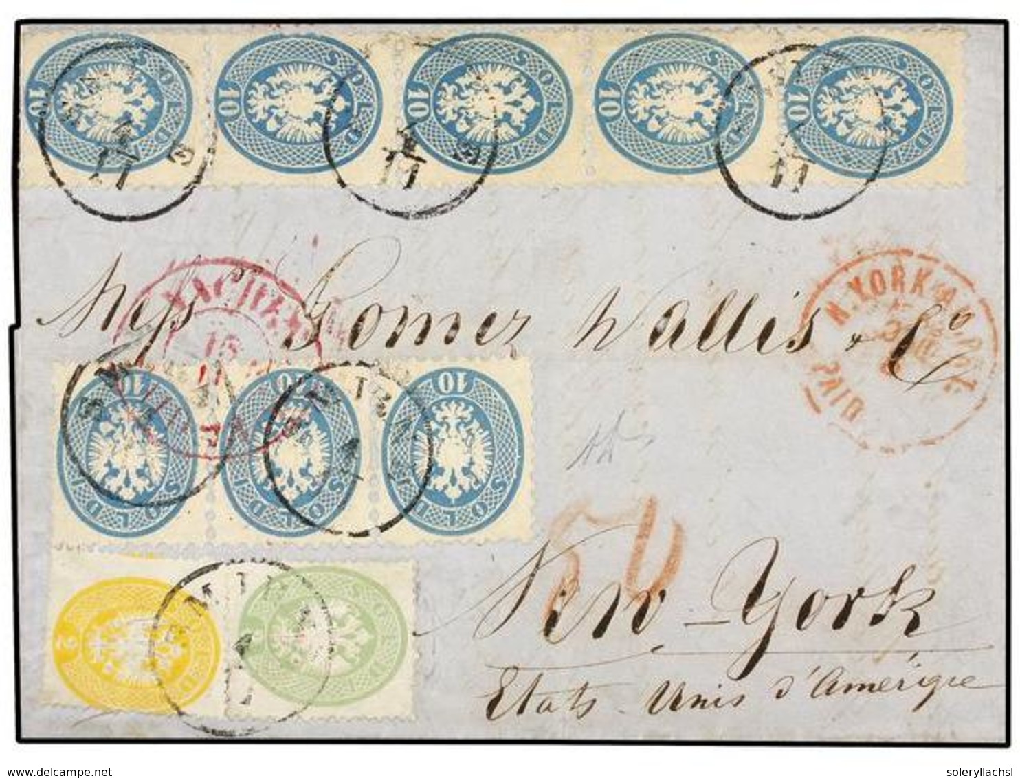 LEVANTE: CORREO AUSTRIACO. 1864. SMYRNA To NEW YORK. Folded Letter Franked With 2 S. Yellow And 3 S. Green Perf. 14 And  - Autres & Non Classés