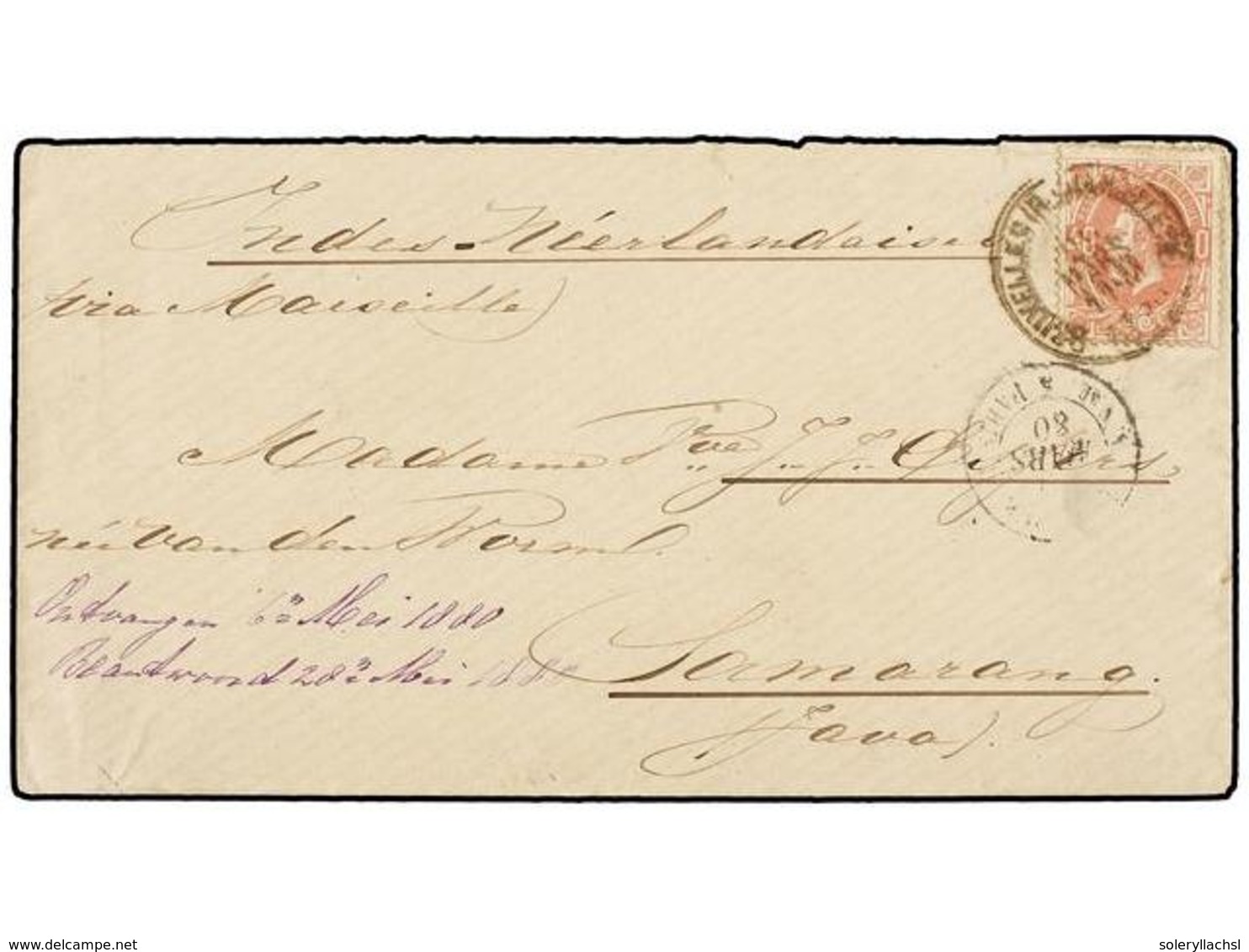 BELGICA. Of.34. 1880. BRUXELLES To SAMARANG (Java). Envelope Franked With 40 Cts. Rose Stamp. Arrival Cds. On Reverse. - Autres & Non Classés