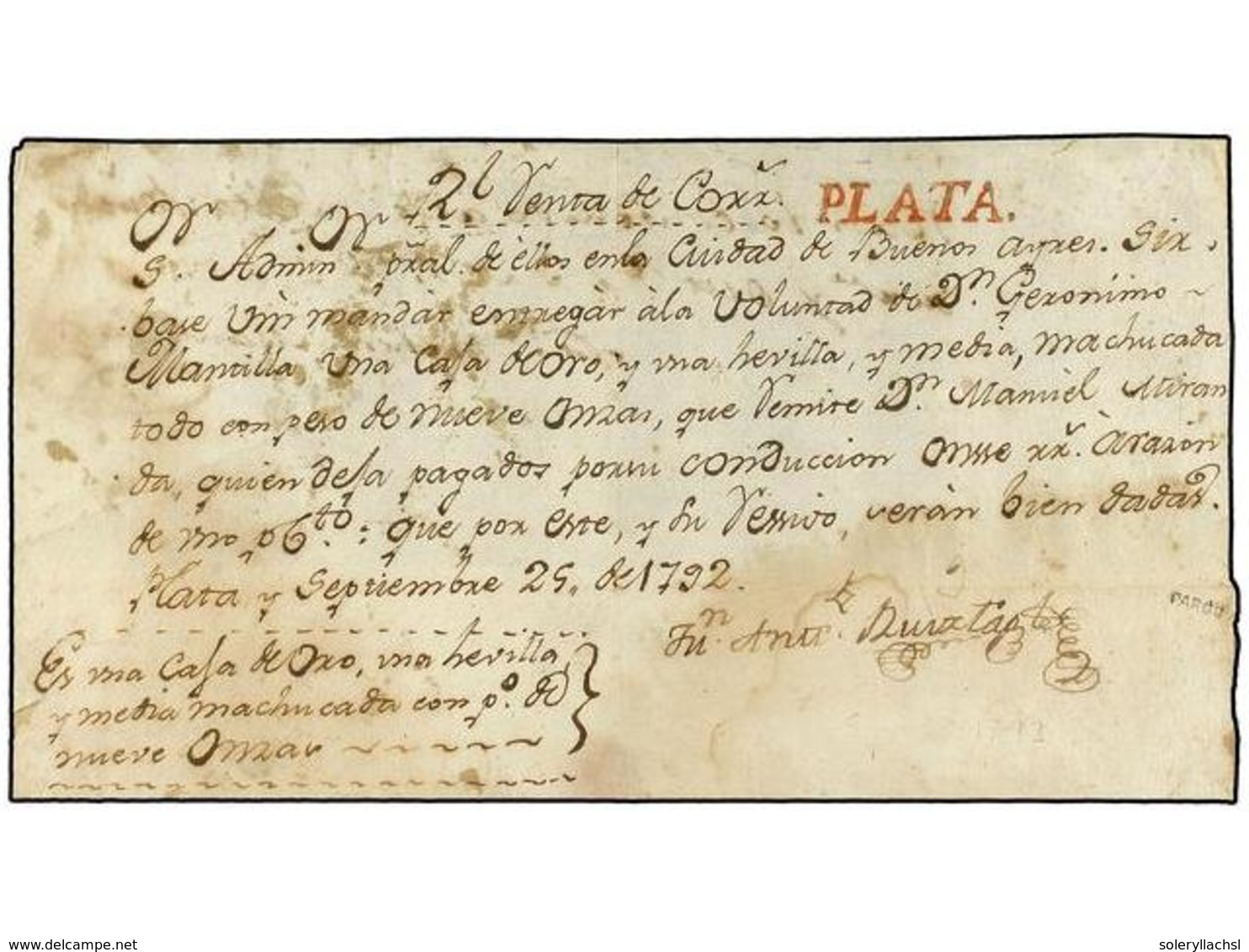 BOLIVIA. 1792 (25 Septiembre). RECIBO DE ENCOMIENDA De LA PLATA A BUENOS AIRES Por Valor De 137 1/2 Pesos, "En Una Caja  - Autres & Non Classés