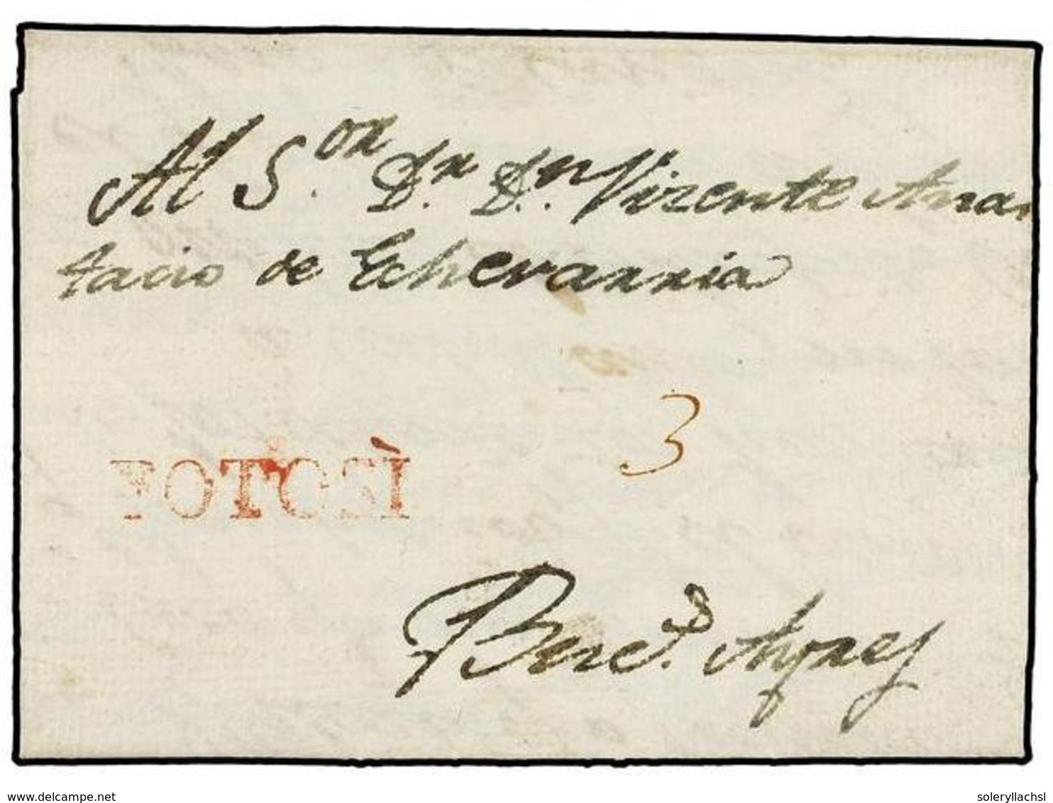 BOLIVIA. 1815. POTOSÍ A BUENOS AIRES. Carta Completa Con Texto, Marca POTOSÍ (nº 4) En Rojo, Porte Simple De "3" Reales. - Sonstige & Ohne Zuordnung