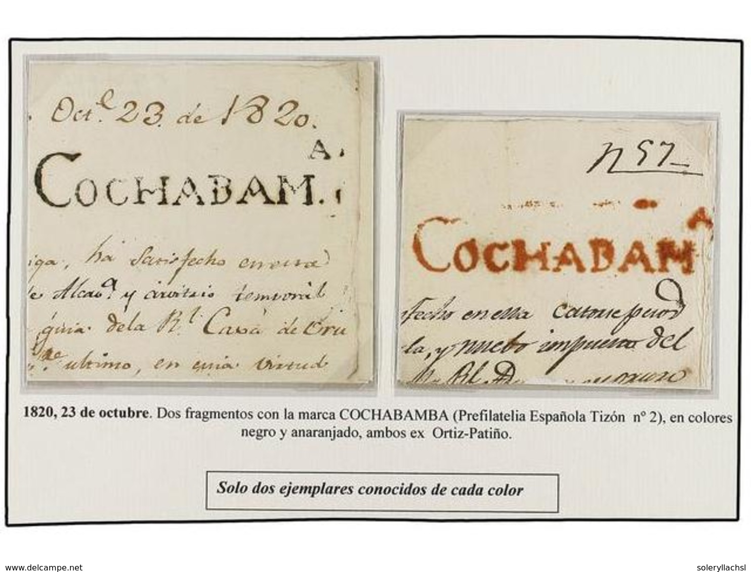 BOLIVIA. (1820 CA.). Dos Fragmentos De Carta Con La Marca COCHABAM. A En Rojo Y Negro. RARÍSIMAS, Solo Dos Piezas Conoci - Otros & Sin Clasificación