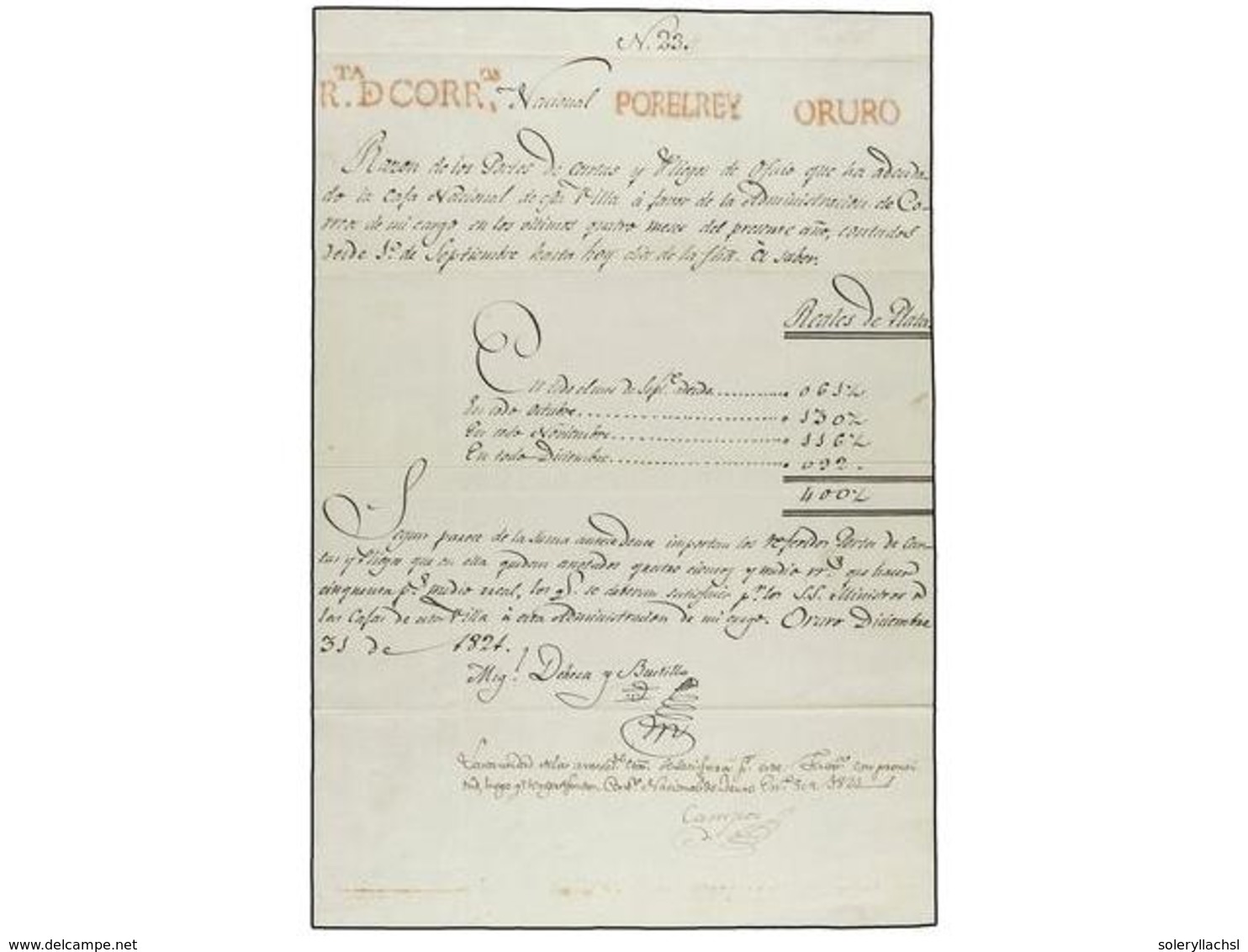 BOLIVIA. 1822 (9 Enero). RAZÓN DE LOS PORTES Y PLIEGOS DE OFICIO Fechado "Contador Nacional De Oruro" Con Las Marcas RTA - Other & Unclassified